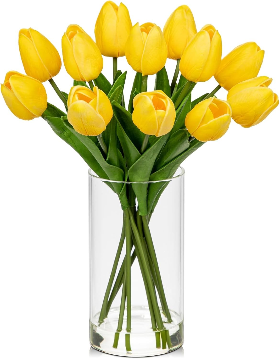 12 Pcs Artificial Real Touch Tulips Flowers in Glass Vase with Faux Water, Tulip