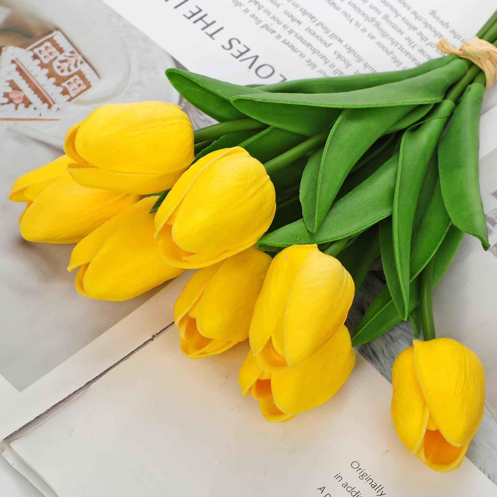 10.6 inch Artificial Tulips in Ceramic Vase, Real Touch Fall Faux Yellow Tuli…