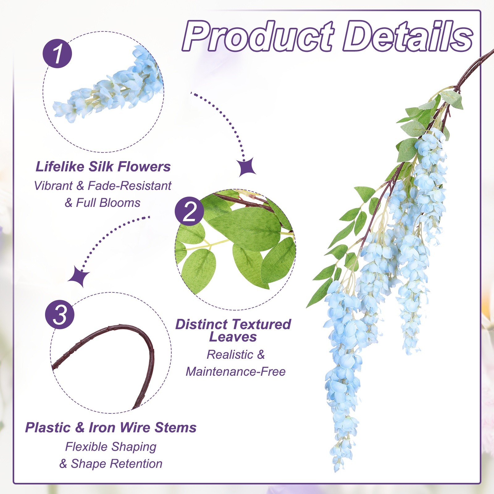 2 Pcs Artificial Wisteria Hanging Flowers 3.9 ft Fake Hang Floral Blue/Champagne
