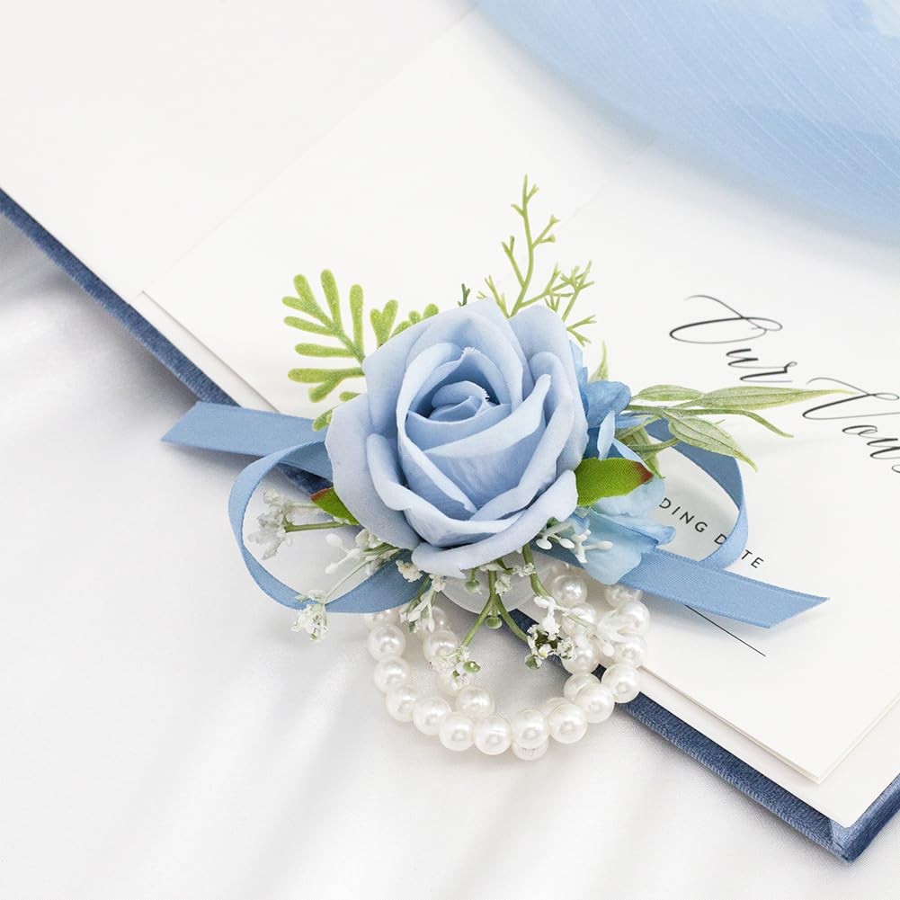 Light Blue Corsage and Boutonniere Set for Wedding Prom, Artificial Rose Baby…