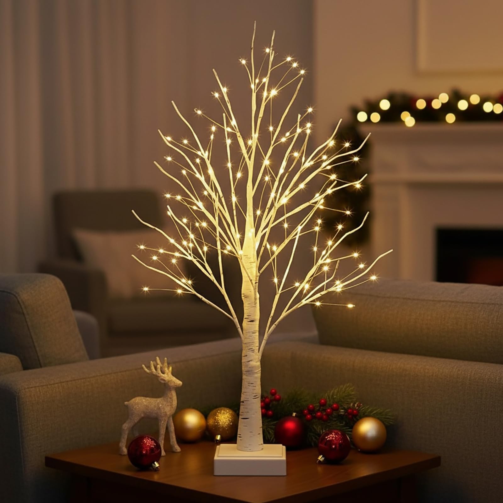 2 FT 144 LED White Light Up Birch Tree Tabletop Lamp Timer Indoor Home Decor