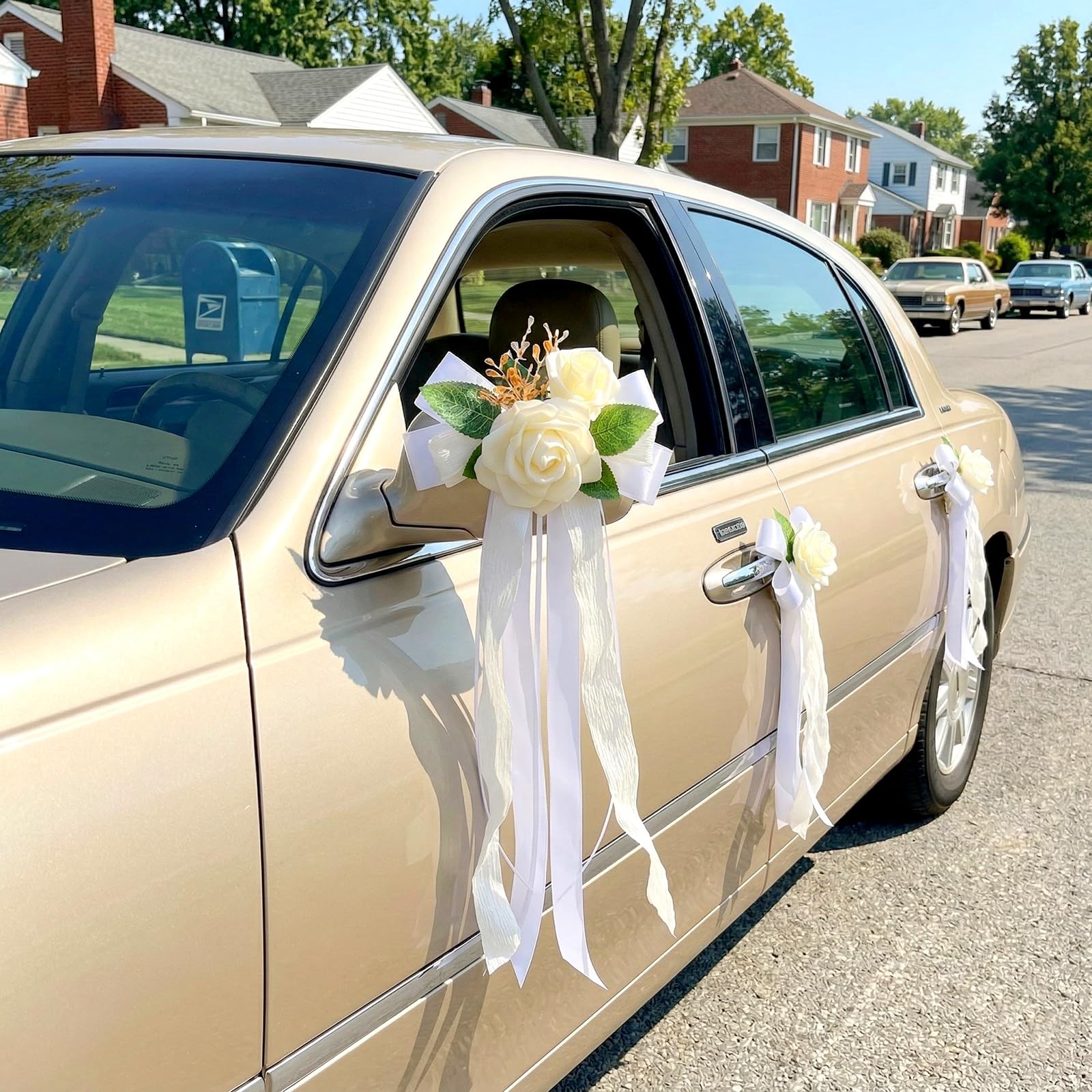 4 PCS White Artificial Wedding Car Door Handle Decorative Flowers Ribbon Bow
