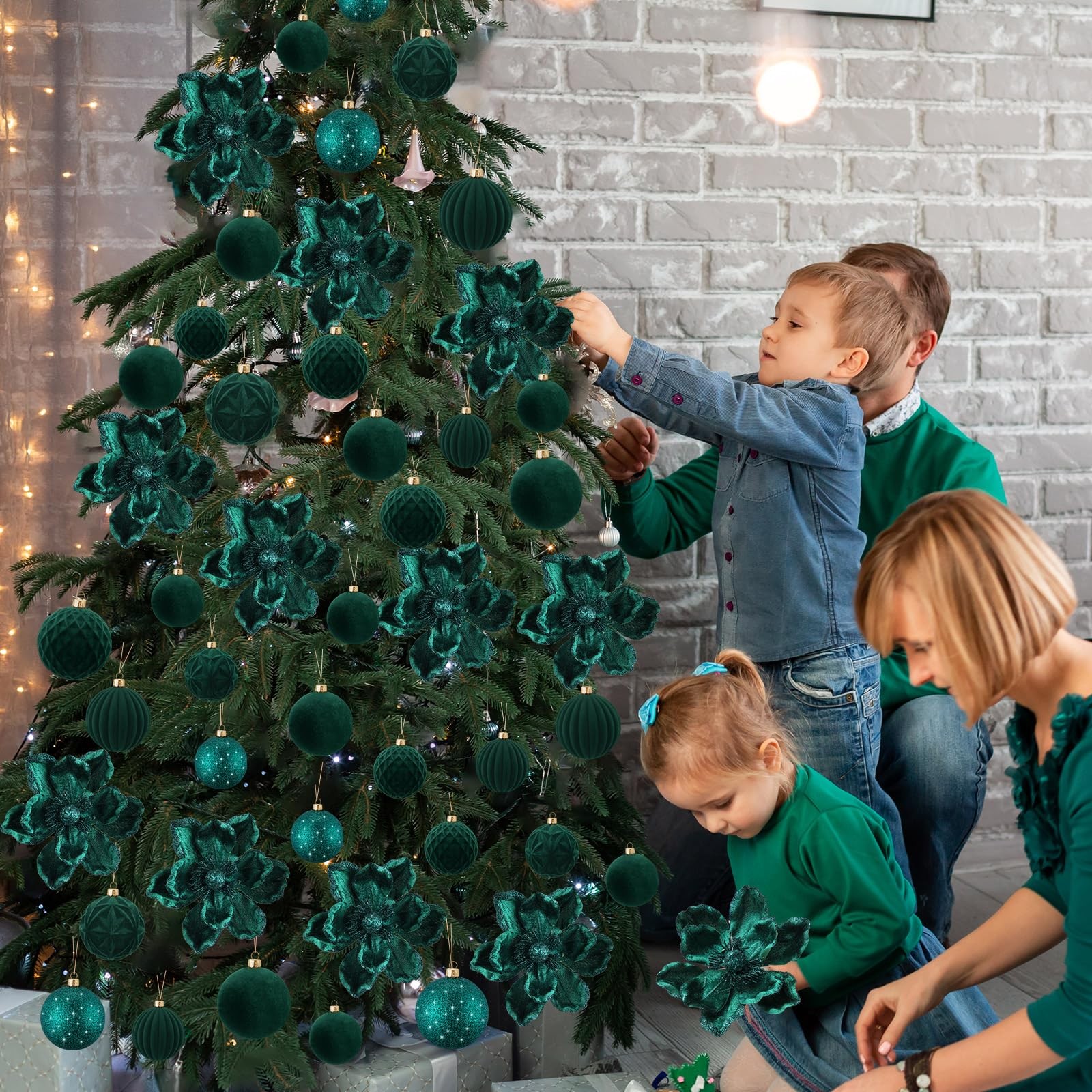 48 PCS Green Christmas Tree Decoration Set Poinsettia Flower Picks Ball Decor