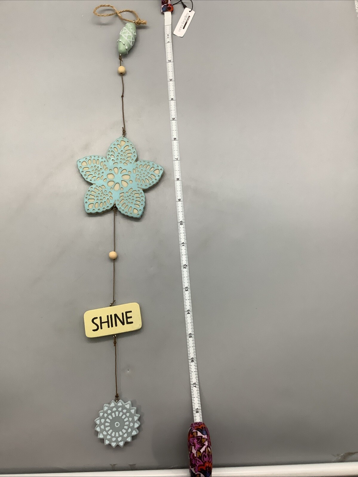 Teal Ceramic Flower & “Shine” Hanging Decoration for Outdoor or Home Decor USED