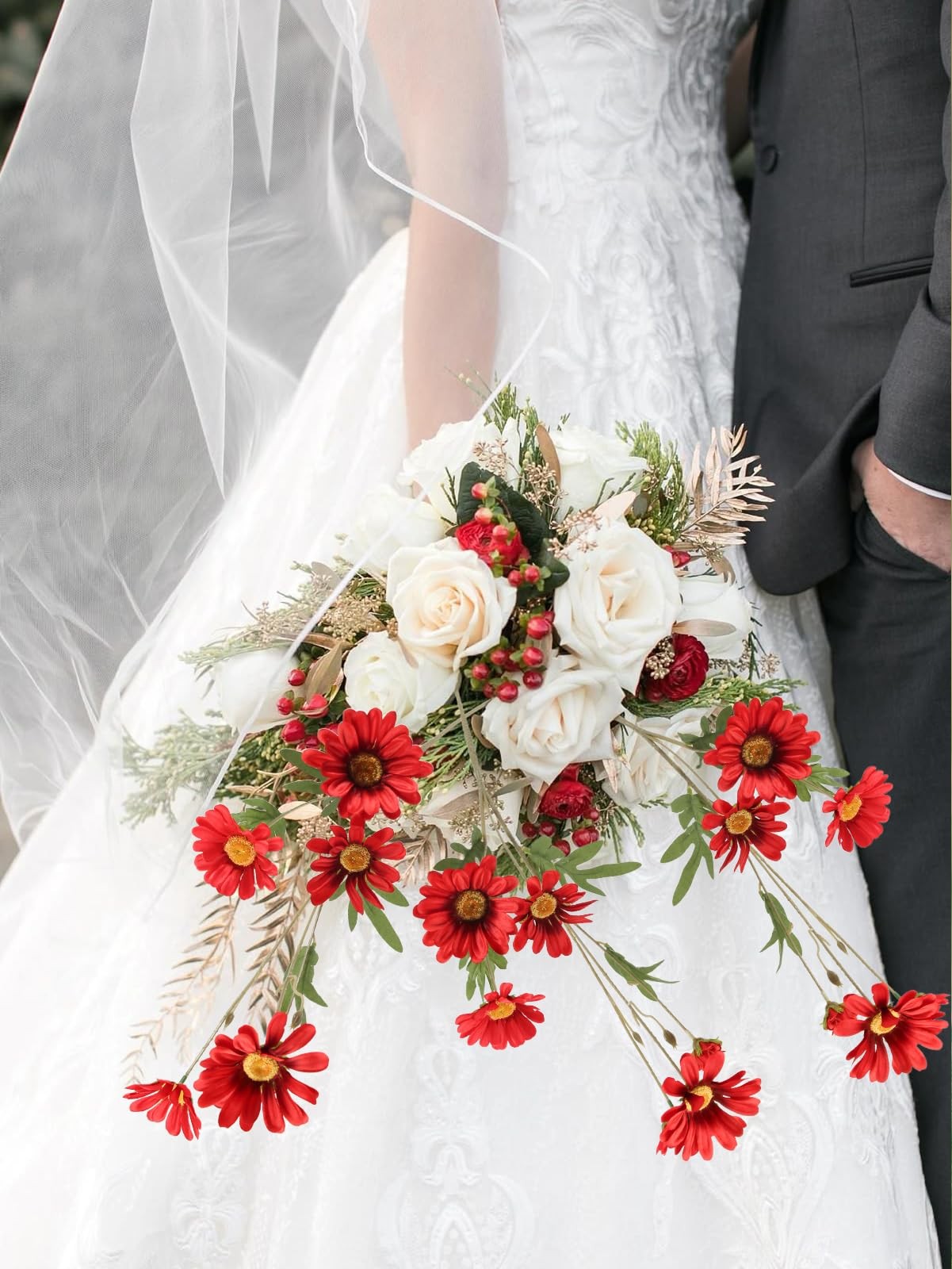 Red 36 Heads Artificial Daisies 6Pcs 29.52” Silk Daisies Flowers with Long St…