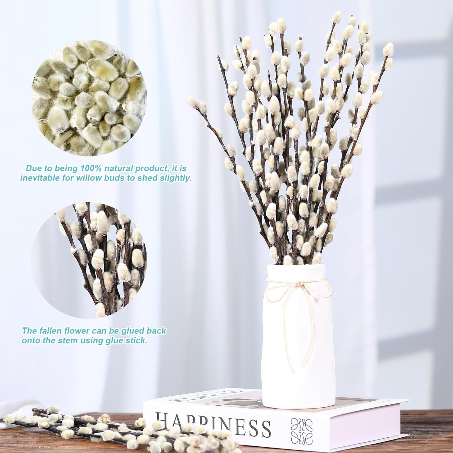 Natural Preserved Dried Pussywillow Branches for Vases, 15 Stems Real Willows, 1