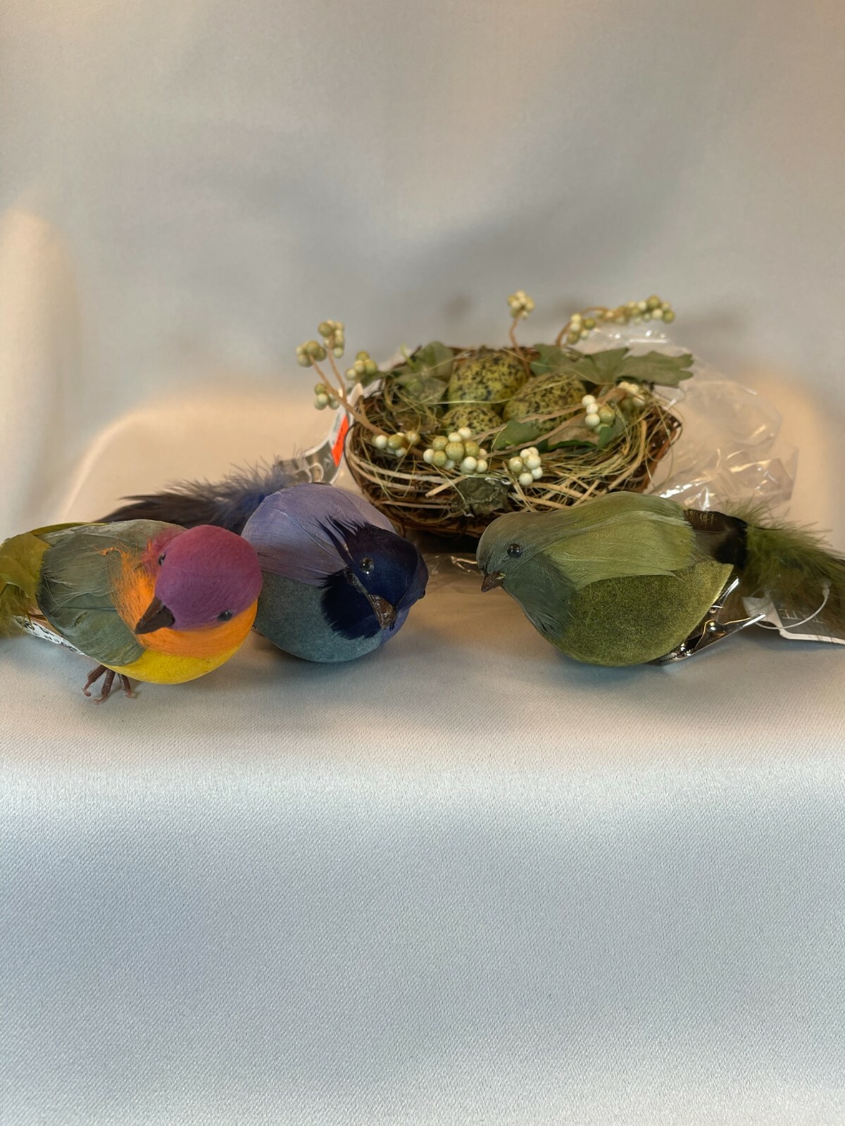Bird Nest w/ Speckled Eggs Floral Decorative Accent w/ 3 Long Tail Birds Clip-On