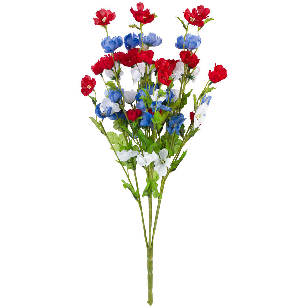 Set of 2 Red, White and Blue Patriotic Soft Poly Silk Cosmos 22″ Floral Bushes