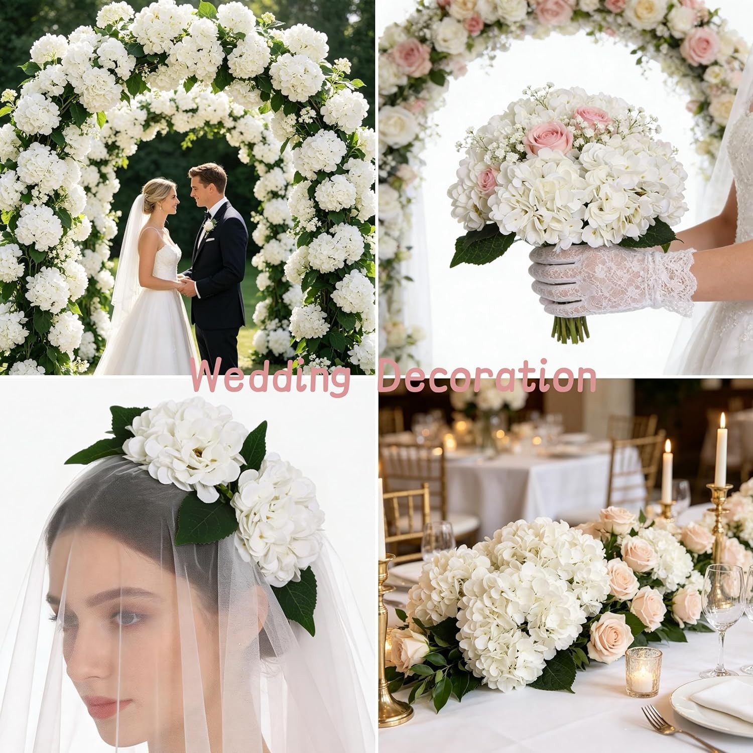 6pcs White Silk Hydrangea Flowers with Stems for Wedding