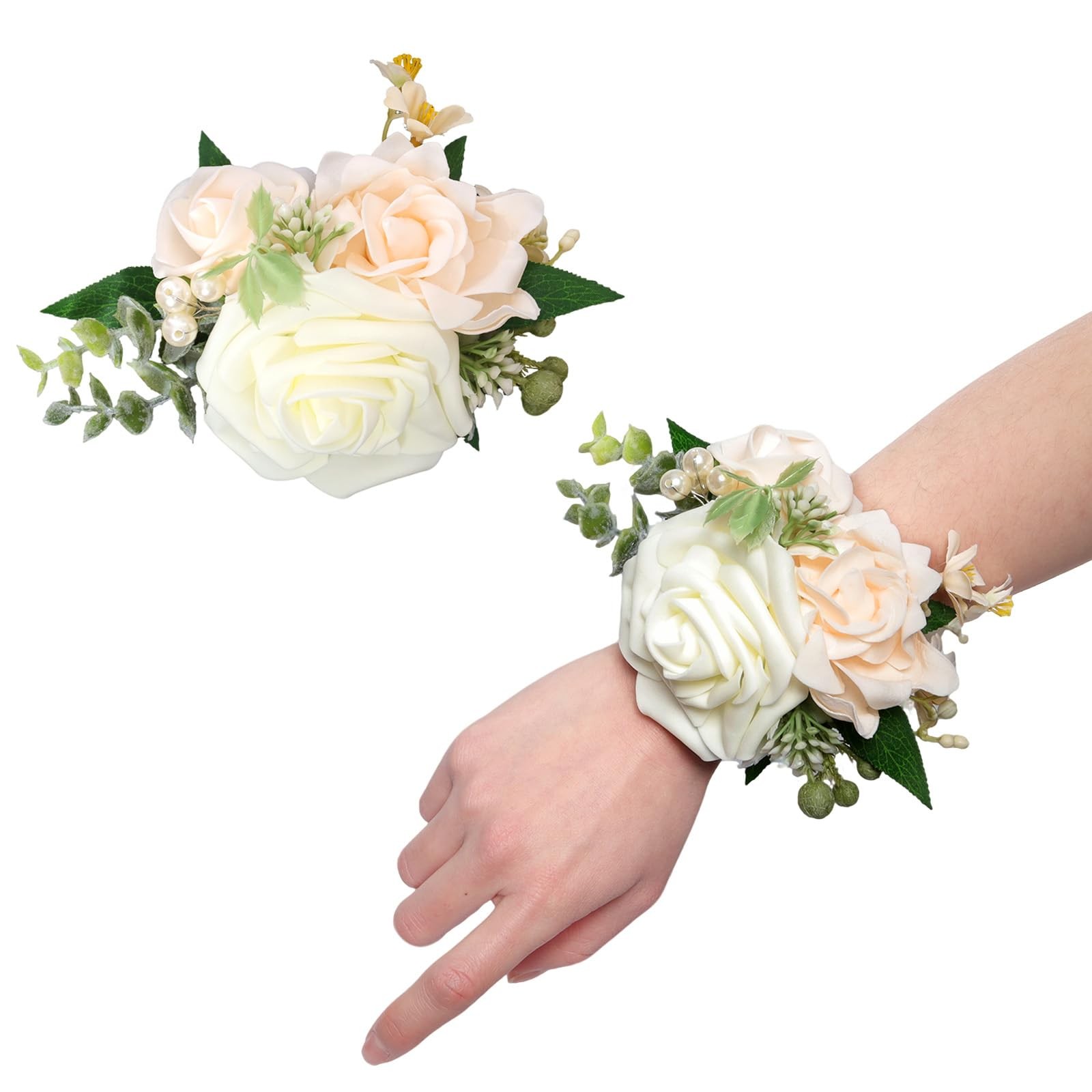 2 Pcs Wrist Corsage for Wedding Light Champagne Wrist Flower Bridal Wristband…