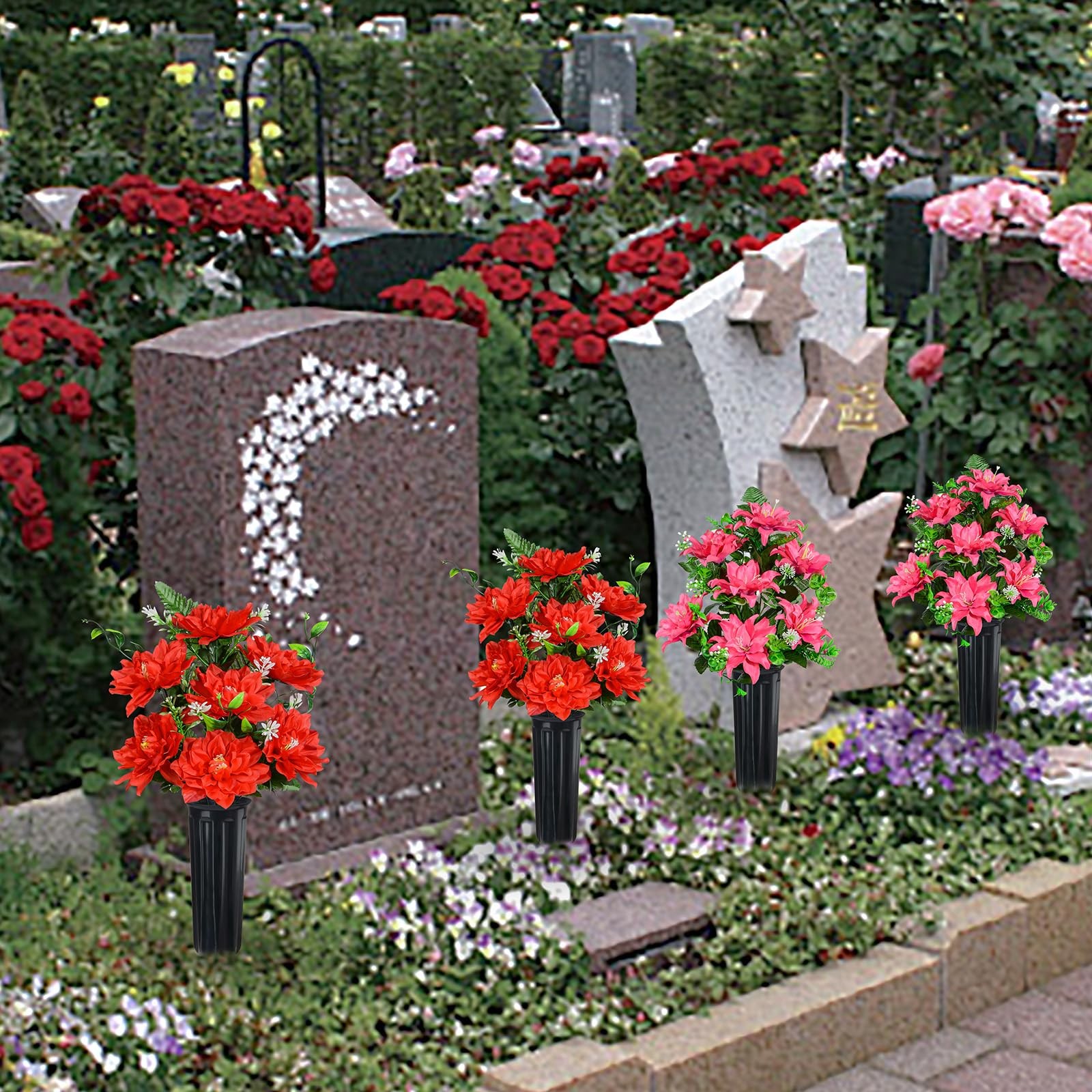 4 PCS Red 7 Head Artificial Cemetery Flower Memorial Graveside Decor Vase