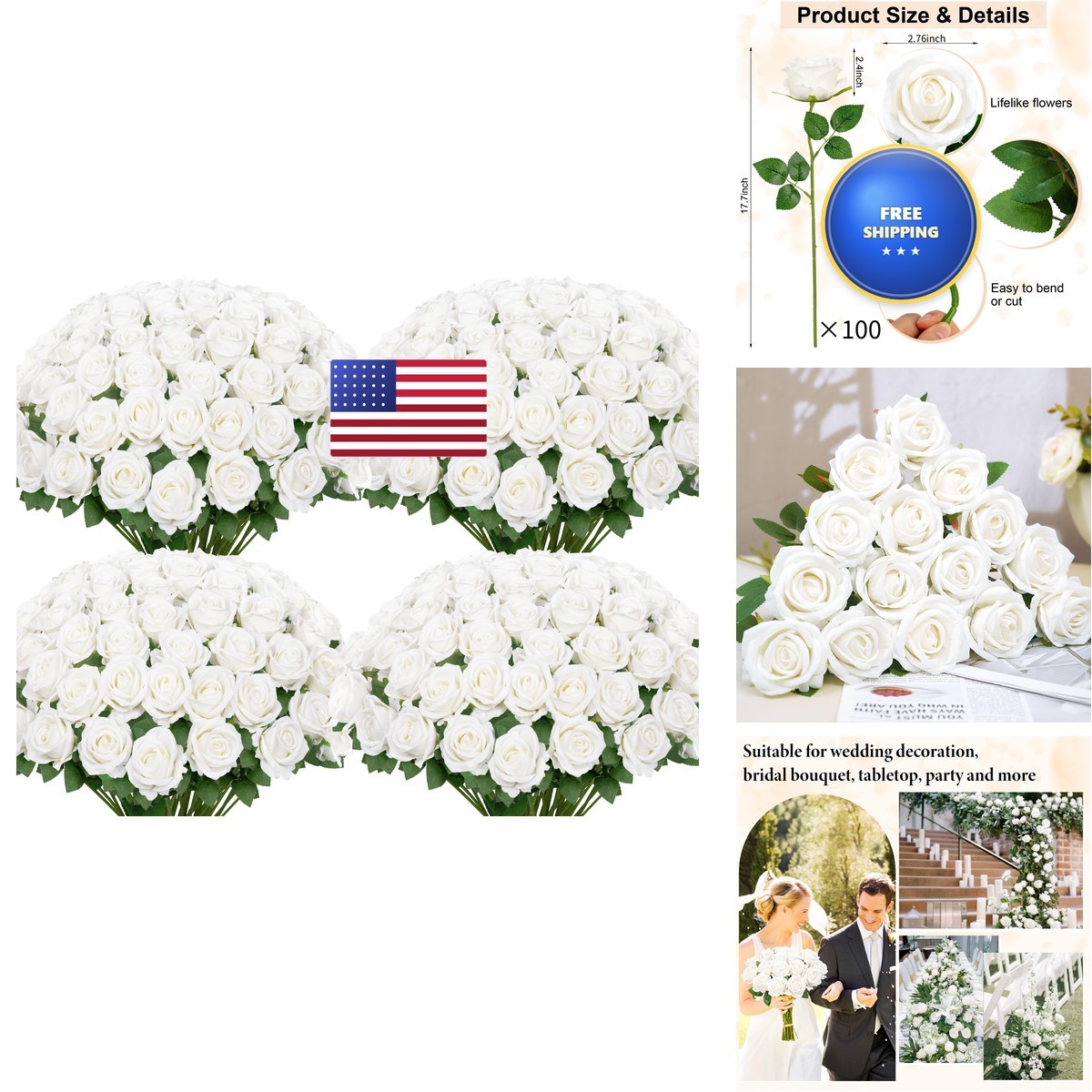 Ouddy Decor 100 Pcs Artificial White Roses – Long Stems