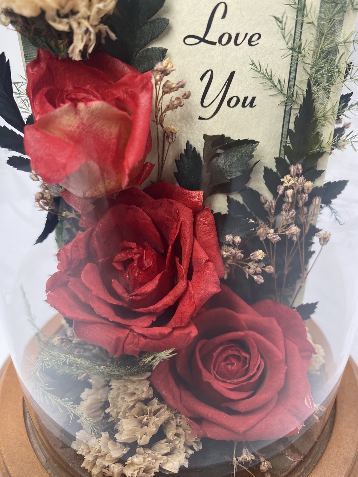 Vintage Dried Red Roses Flower Arrangement Preserved in 7.5” Glass Dome