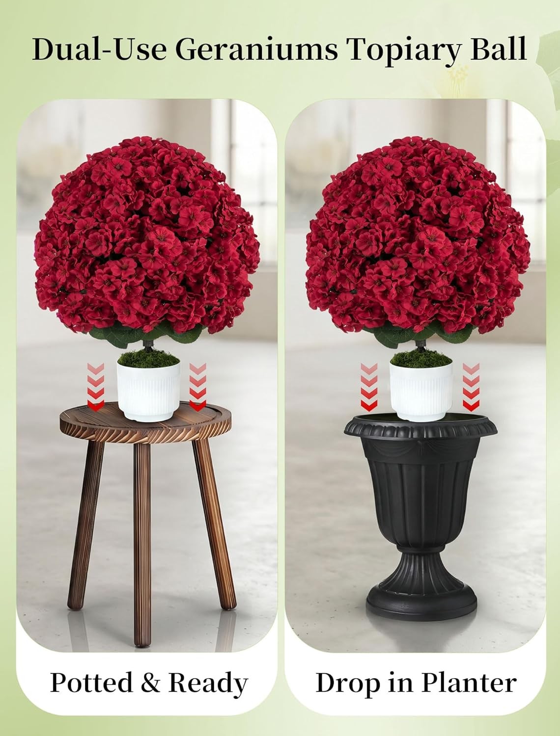 Artificial Geraniums for Outdoors Potted: 2-Pack 26″ Red Fake Flower Topiary Bal