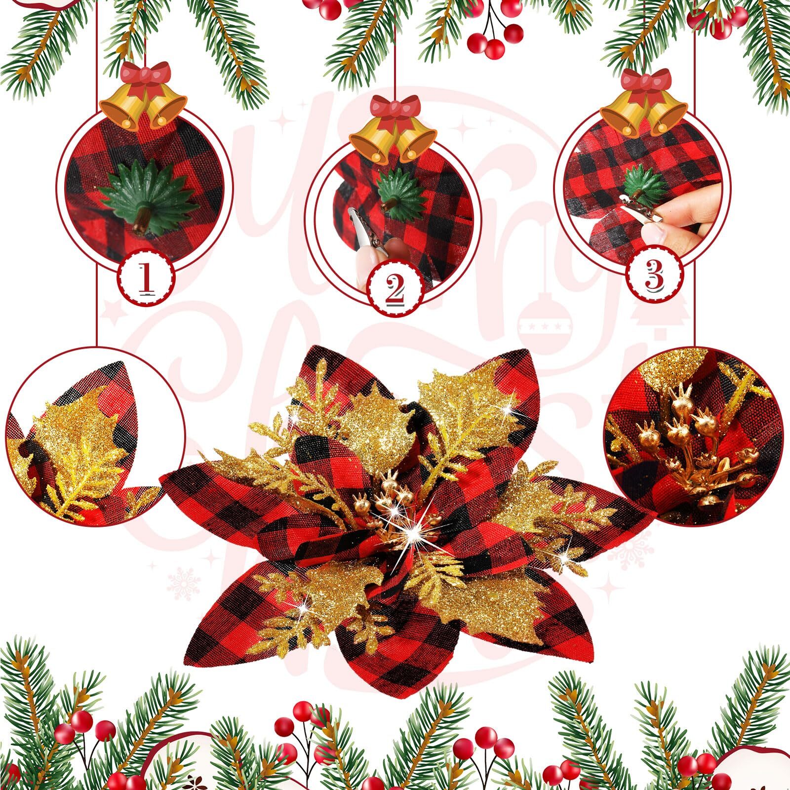 36Pcs Christmas Glitter Poinsettia Flowers Red Black Gold Xmas Tree Ornaments