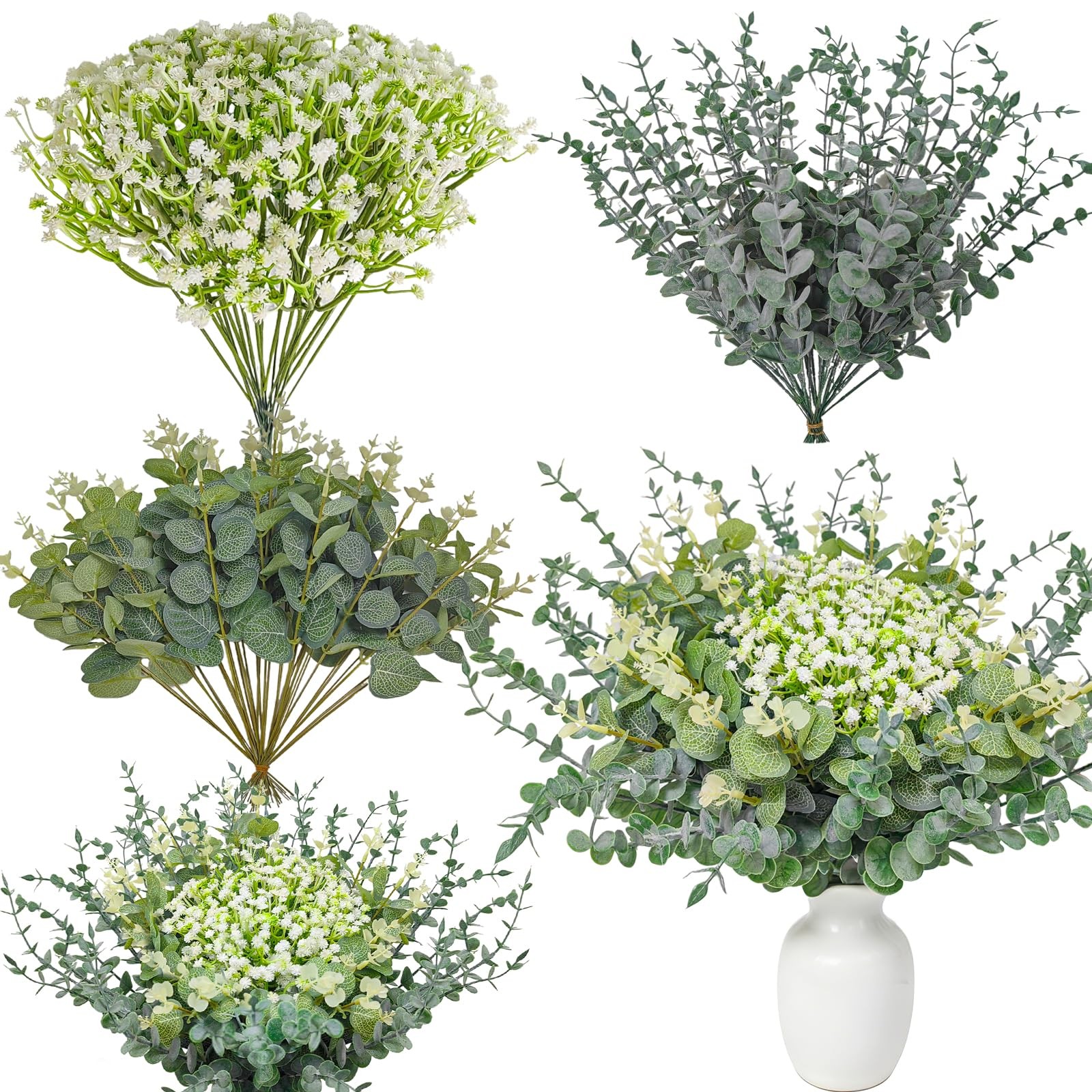 100 Pcs Mixed Eucalyptus Stems Bulk,Artificial Greenery Stems Bulk,3 Kinds Fa…