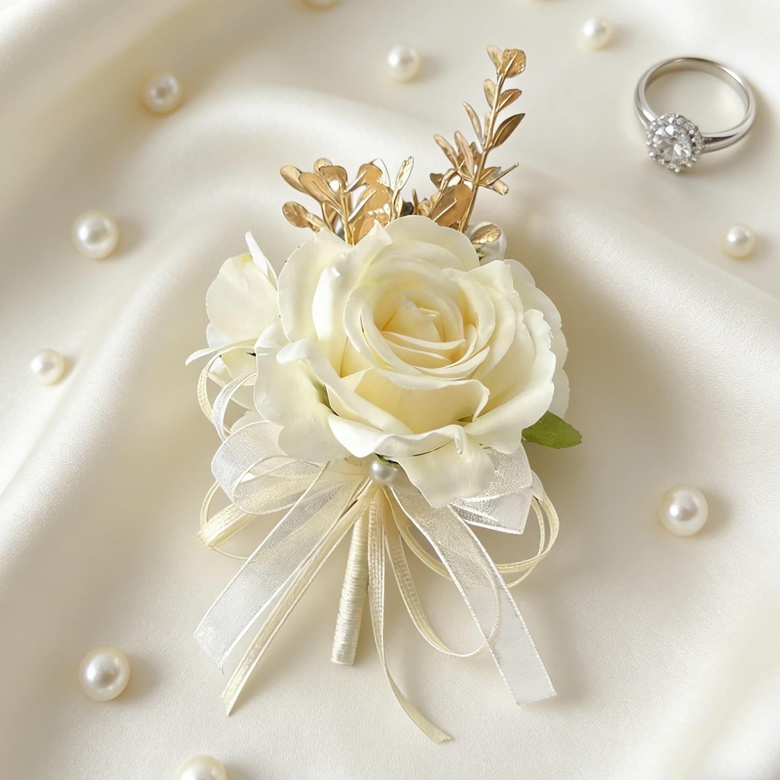 Champagne Wedding Corsage and Boutonniere Set – Silk Flower Wrist Corsage Bra…