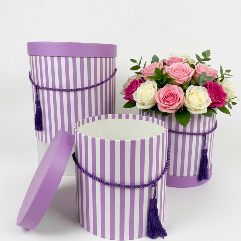 Premium Quality Round Flower Box, Floral Gift Box, Set of 3 pcs, with Stripes