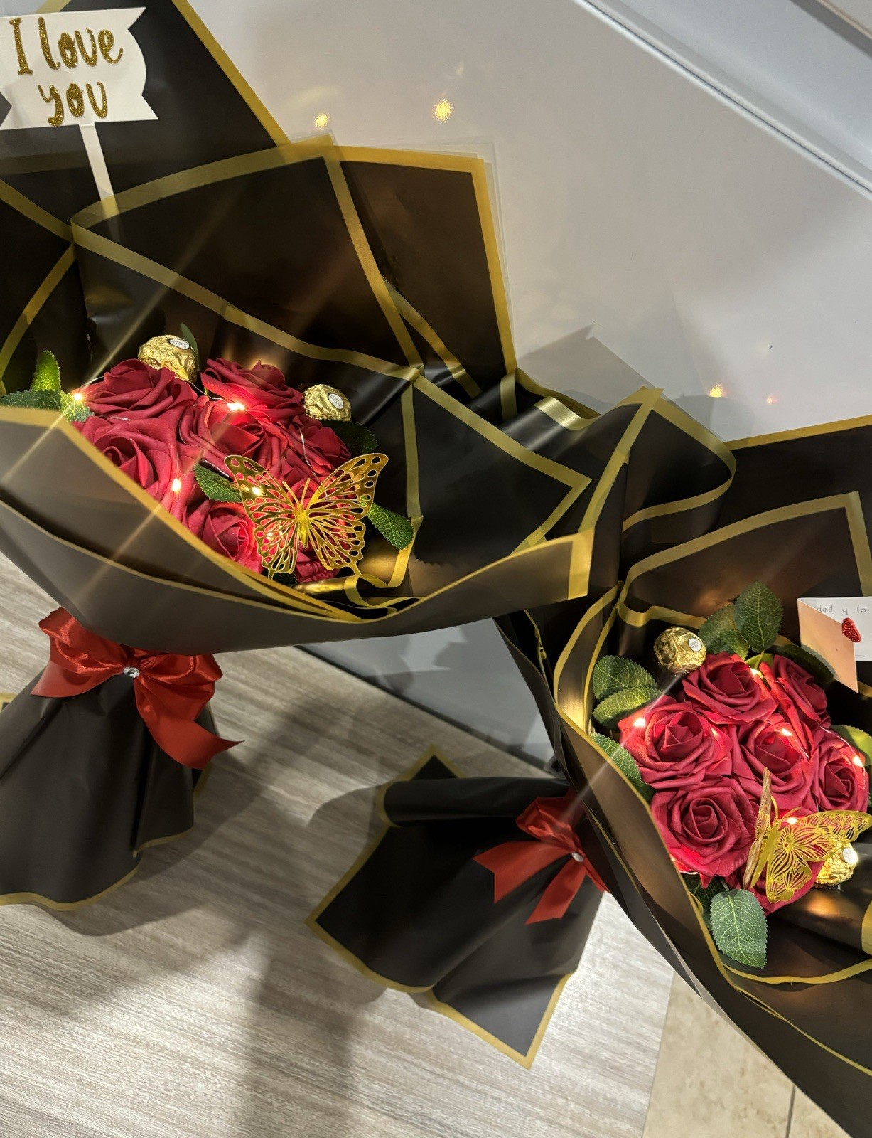 Artificial Rose Bouquet with Gold Butterfly, LED Lights, Red Black Gold Decor