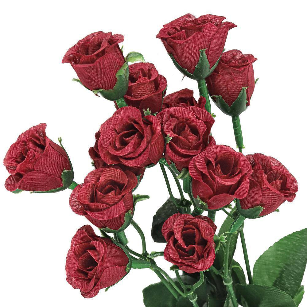 14 In. Burgundy Red Artificial Mini Rose Bud Flower Stem Bush Bouquet (Set of 12