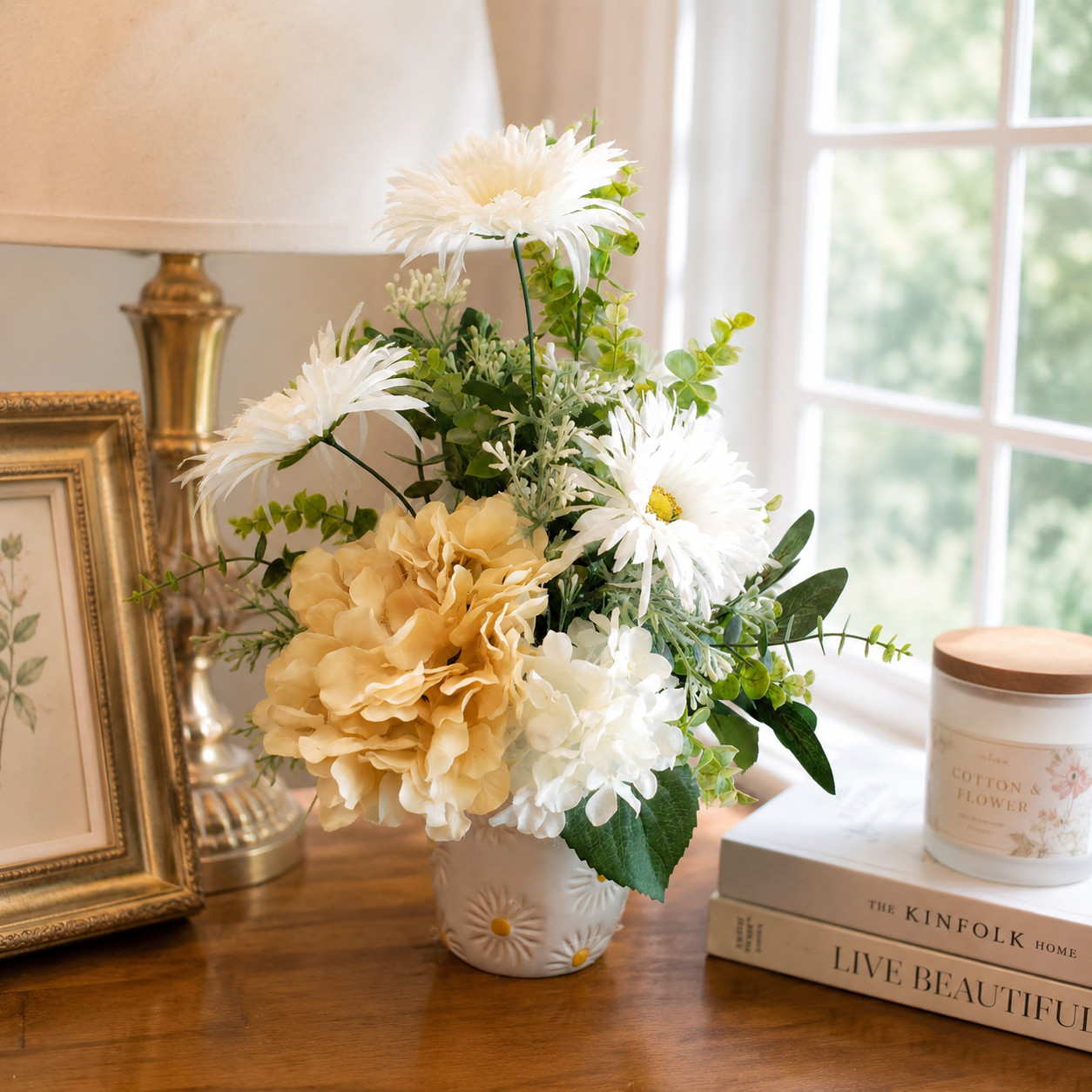 Cream Hydrangea & White Daisy Faux Floral Arrangement, Cottage Style Centerpiece