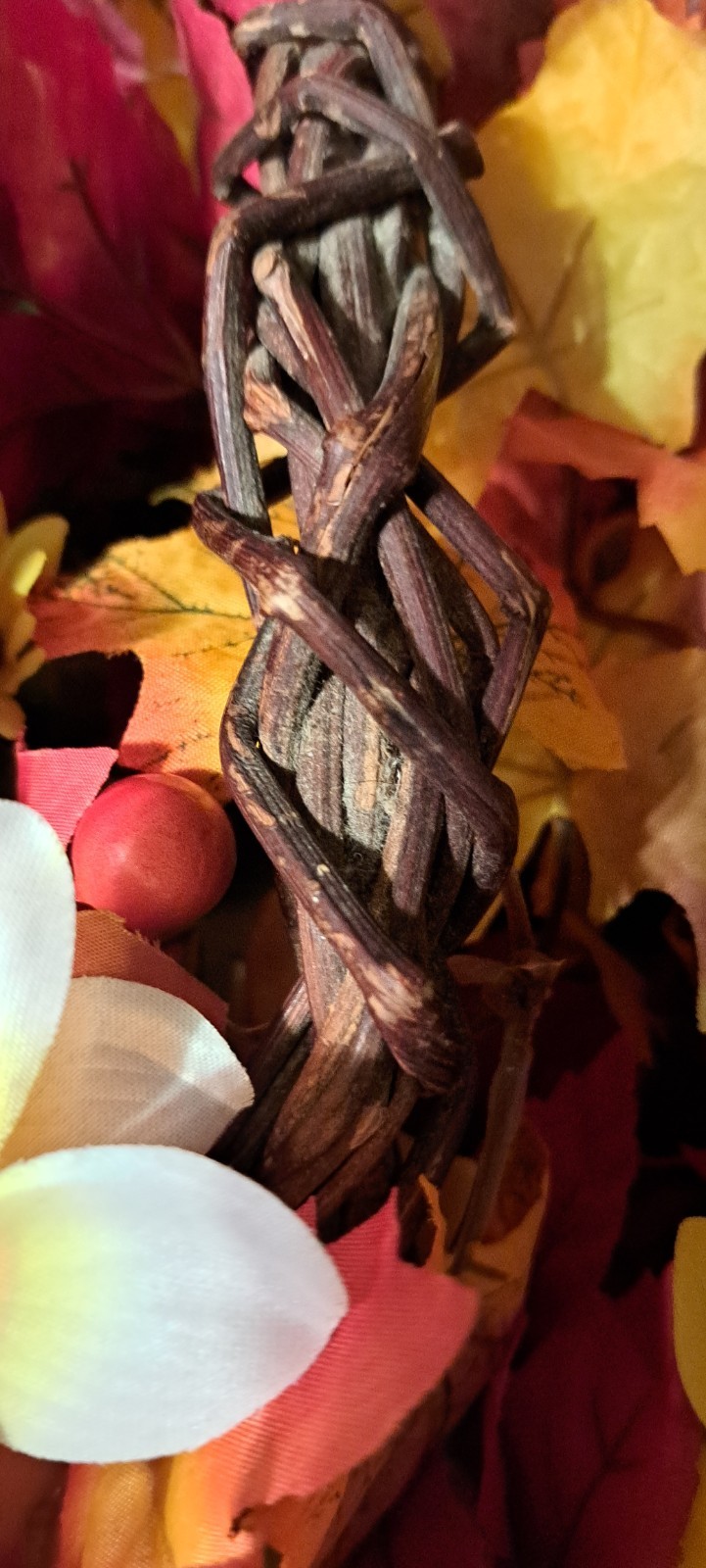 Fall Bouquet In Grapevine Basket Silk flowers Leaves And Berries 17″ X 18″ X 10″