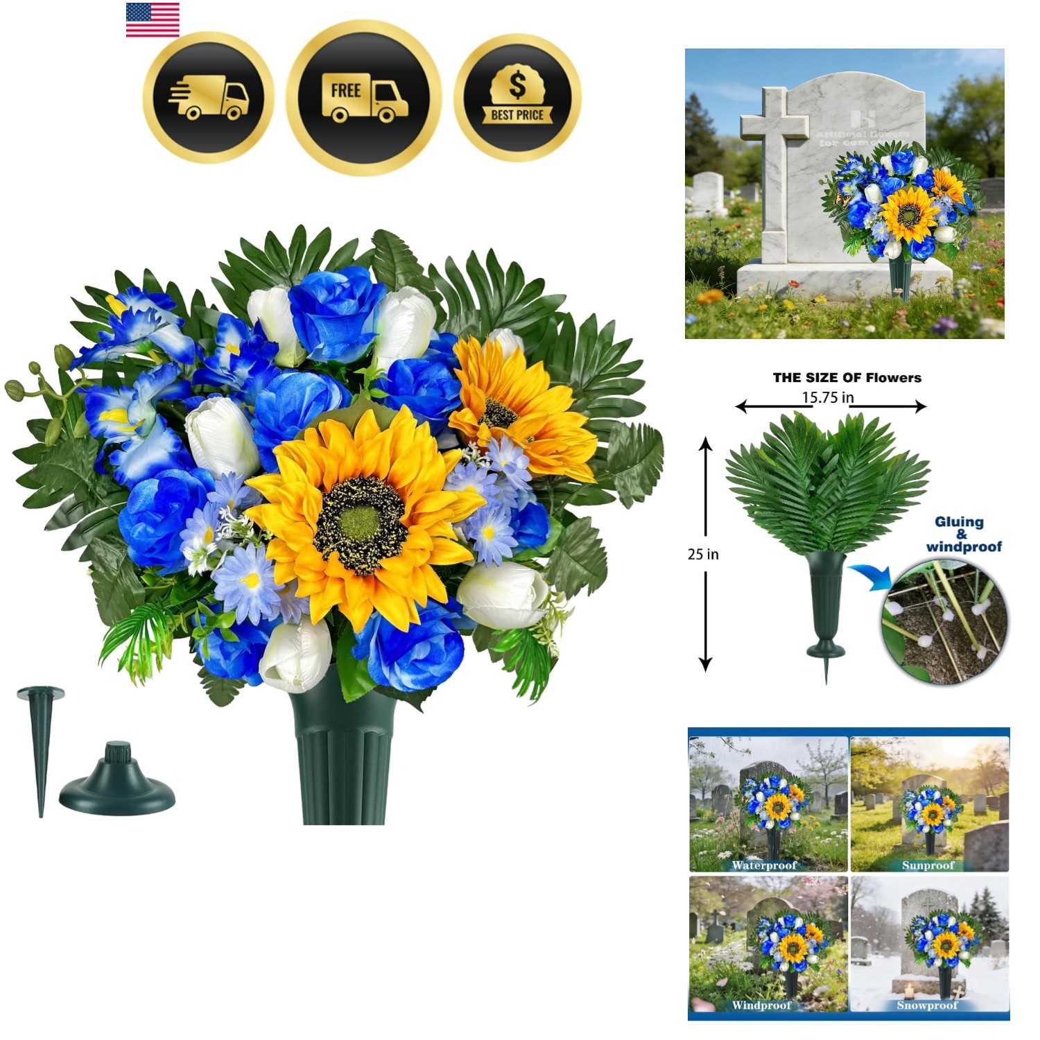 Artificial Cemetery Flowers – Vibrant Sunflower Tulip, Outdoor Grave Decorati…