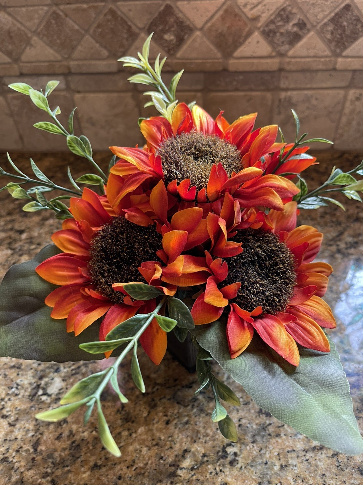 Sunflower Artificial Floral Arrangement In Ceramic Pot. Approx 9 “ tall.
