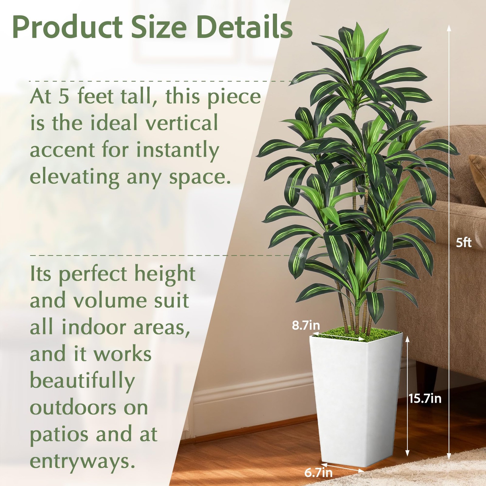 Dracaena Artificial Plant, 5FT Tall Artificial Plants Indoor Dracaena Tree in…