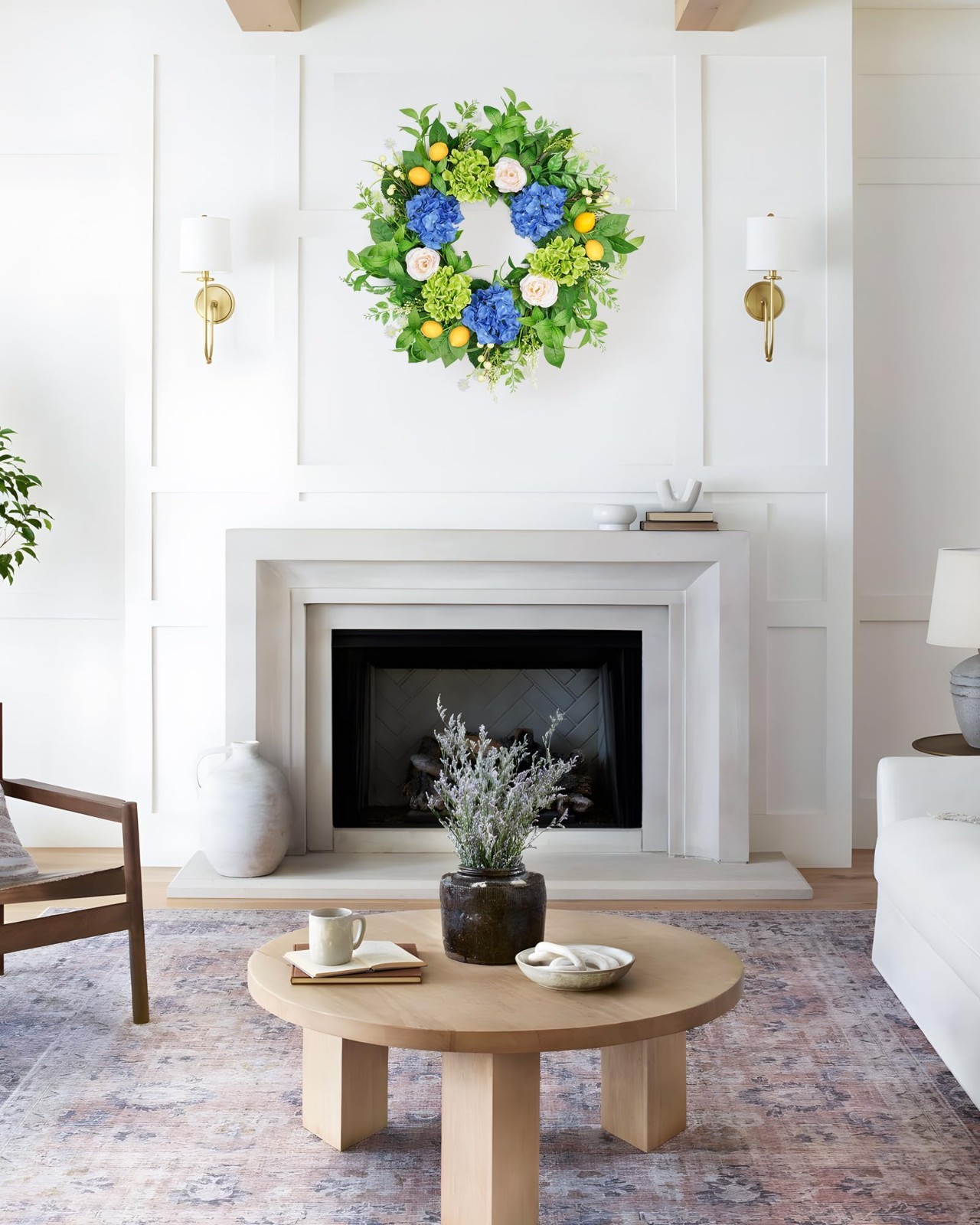 23″ Summer Floral Wreath with Hydrangea & Lemon, UV Resistant for Front Door Dec