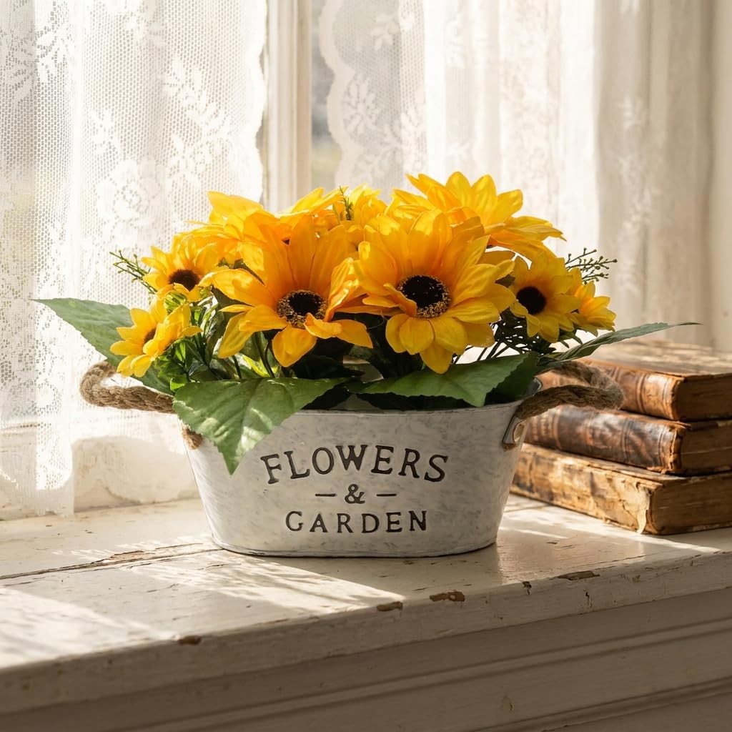 Artificial Flowers in Pot 8″ Tall Faux Silk Sunflowers with Metal Planter, Fa…