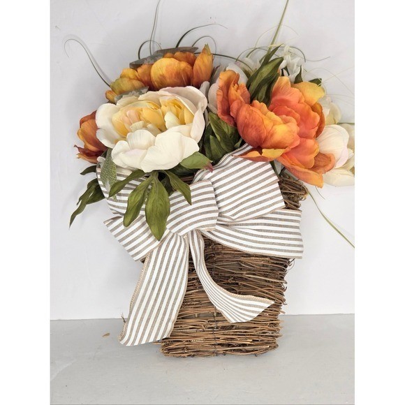 Ashland Fall Peony Floral Wall Hanging Grapevine Straw Basket Farmhouse Country