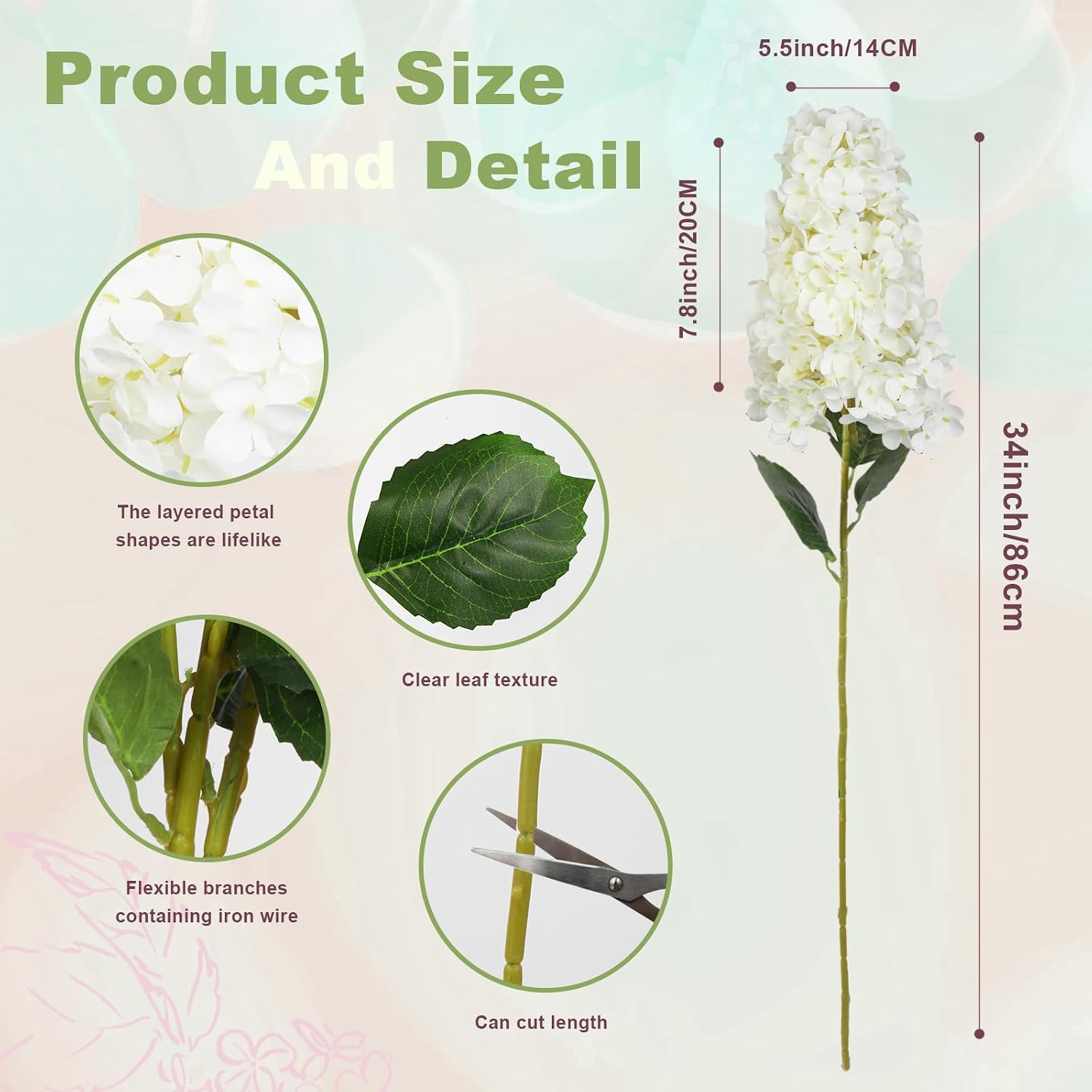 4Pcs White Hydrangea Artificial Flower 33.5″ Conical Faux Hydrangea (White) | Re
