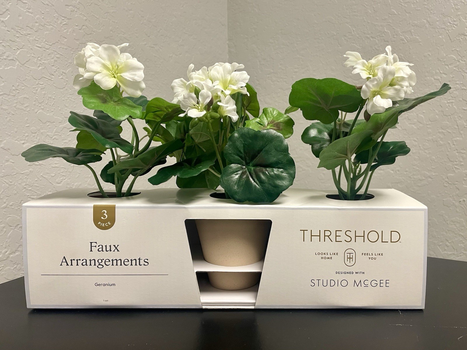 Fake plants, set of three geranium arrangement, green and white floral decor