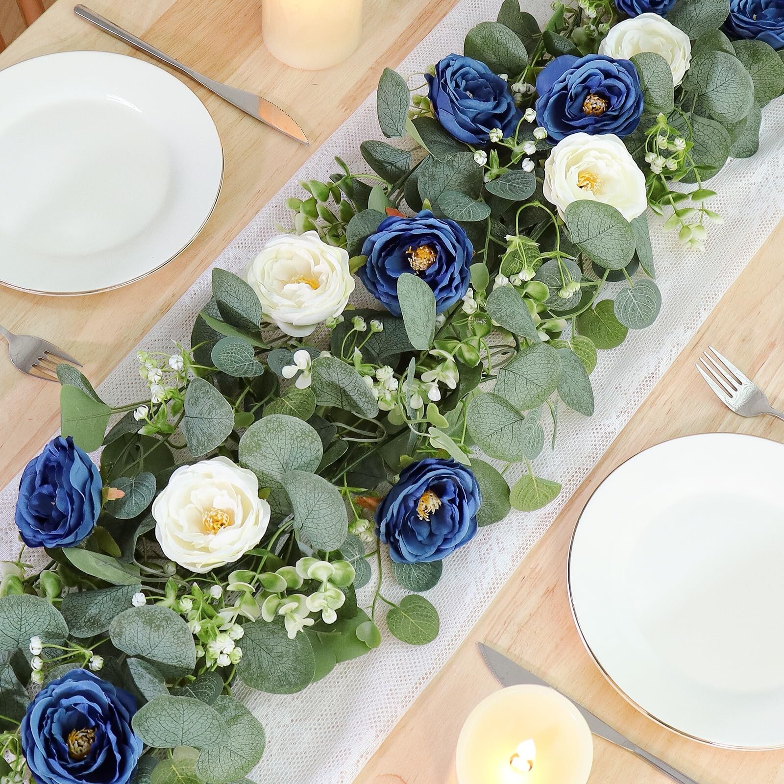 TOCHGREEN 4 Pack Artificial Eucalyptus Flower Garland with White and Blue Ros…