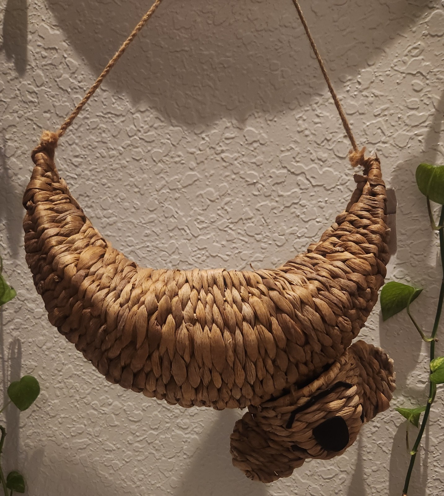 Koala hanging animal basket, handwoven, made in Vietnam, 15 in L, 6.5 W, 12.5 H