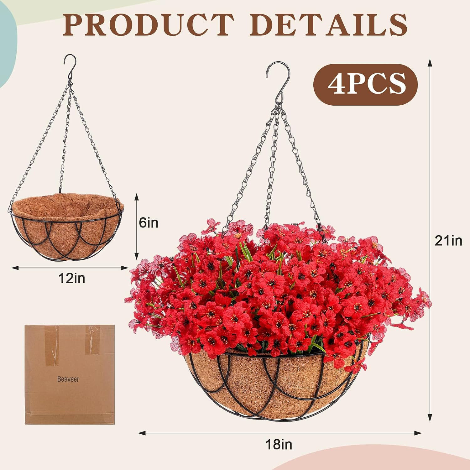 4 Pack Faux Orchid Hanging Flower Baskets for Outdoor Decor – Red