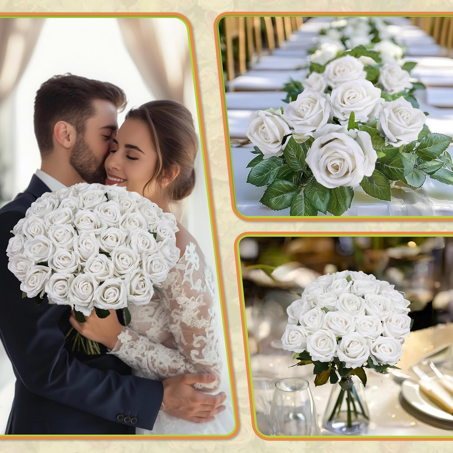 100PCS Realistic Silk White Roses for Wedding Decor & Floral Arrangements