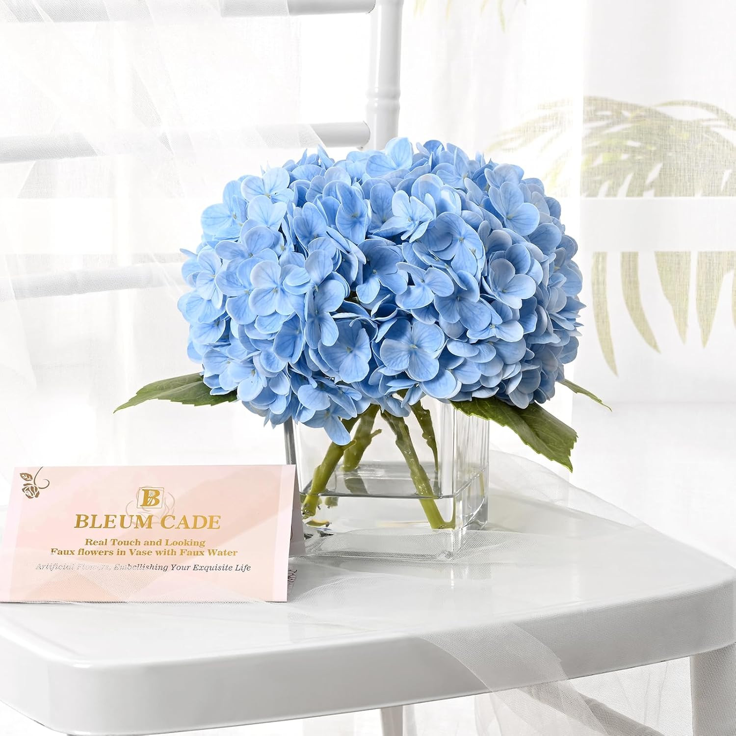 Luxury PU Fake Flowers in Vase with Faux Water, Blue Real Touch Hydrangea Artifi