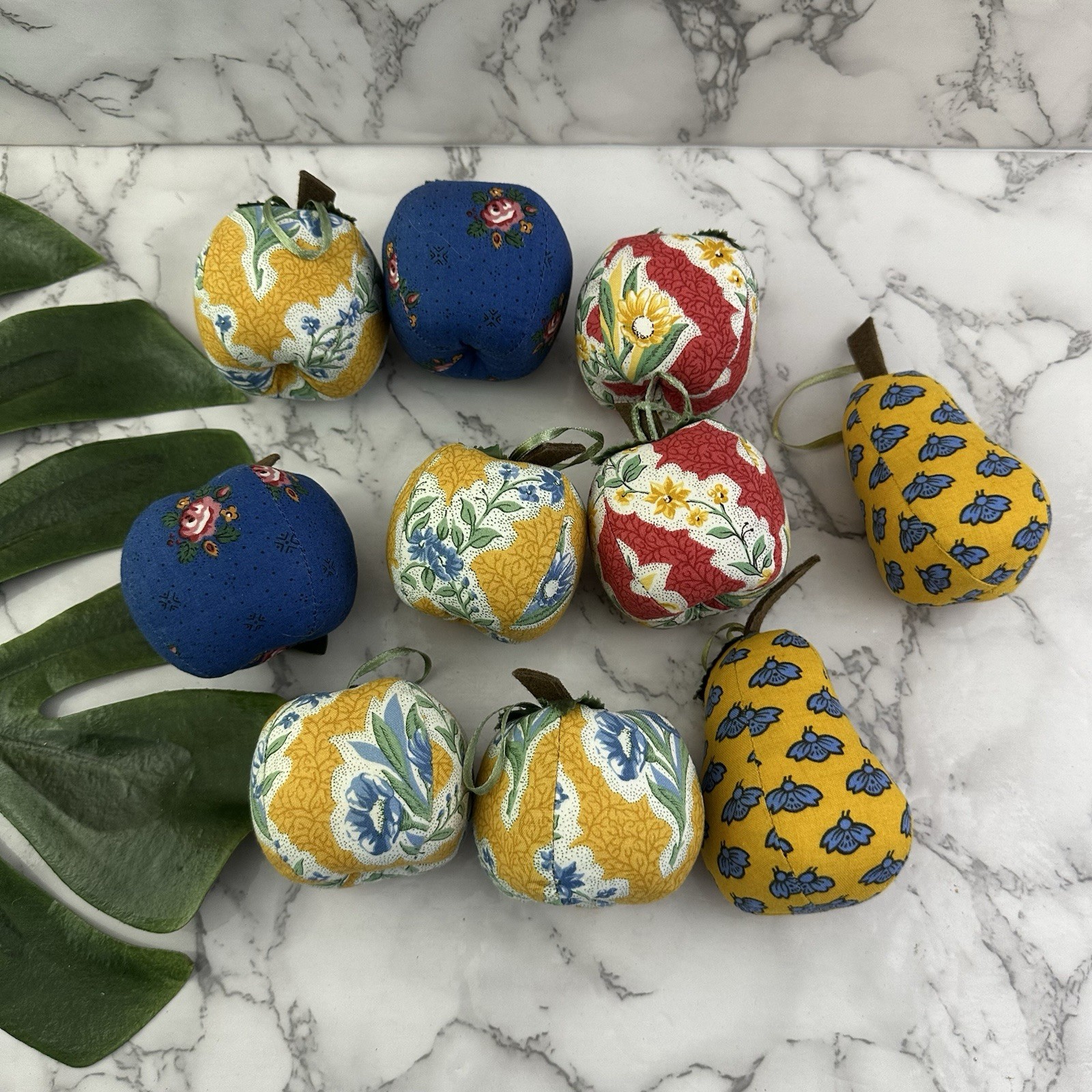 Vintage 90s Fabric Fruit Vase Filler Bowl Decor Blue Yellow Cottage Apple Pears