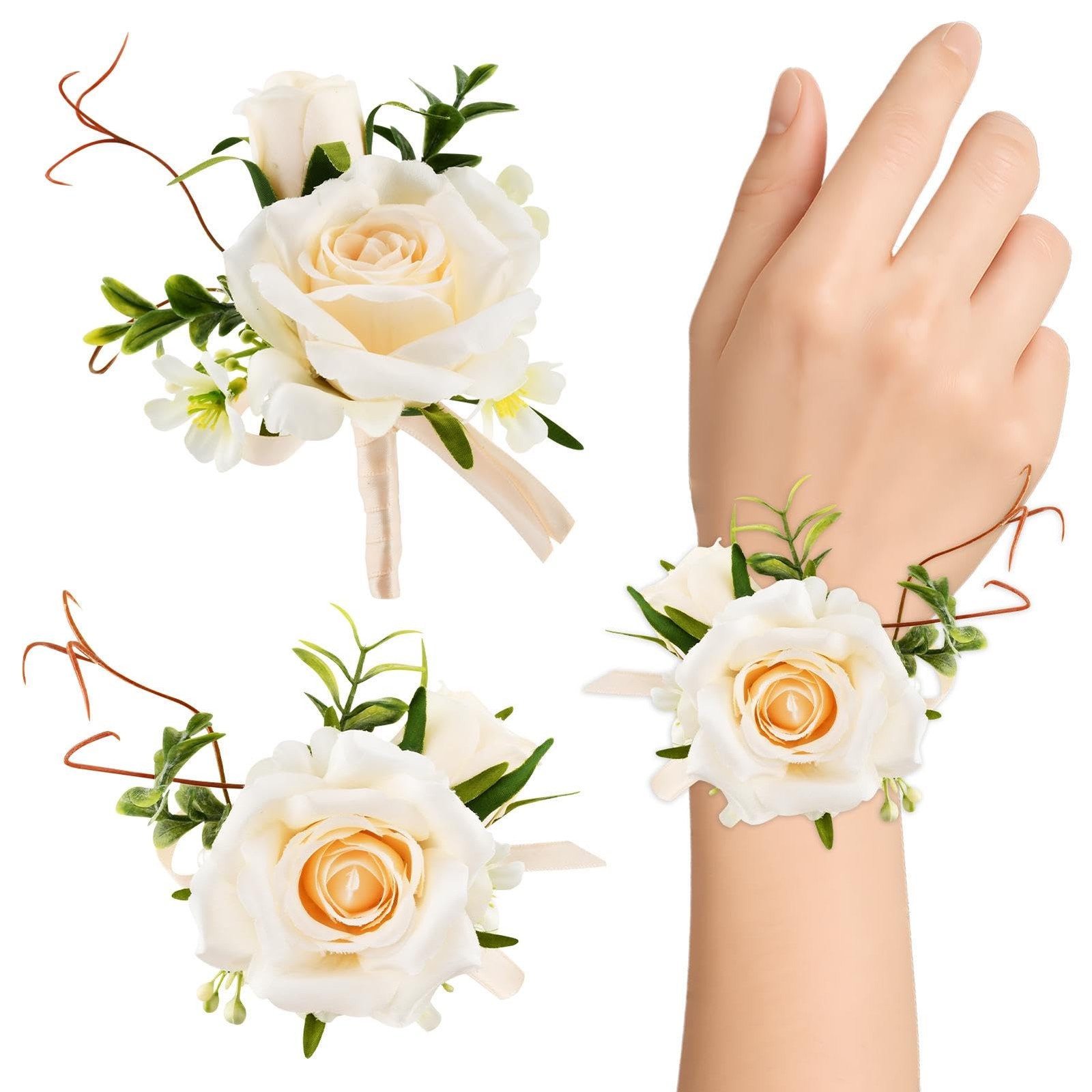2 PCS Wrist Corsage Boutonniere Set Prom Artificial Flowers Wedding White