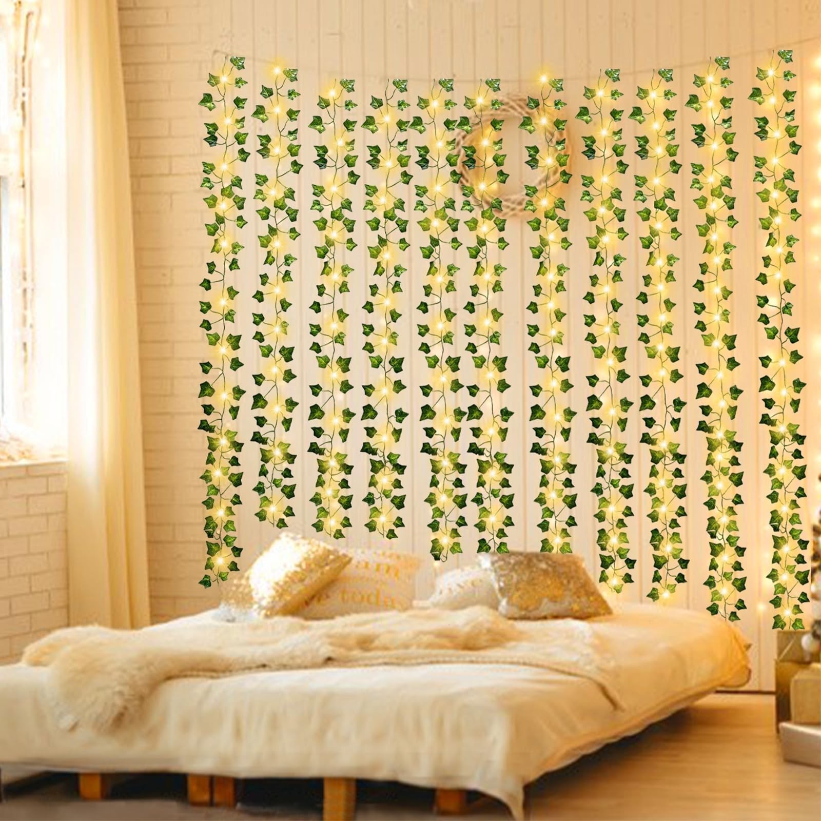 12 Pack Fake Vines 84Ft with 100 Lights & Timer, Thick Green Leaves, Faux Ivy Ga