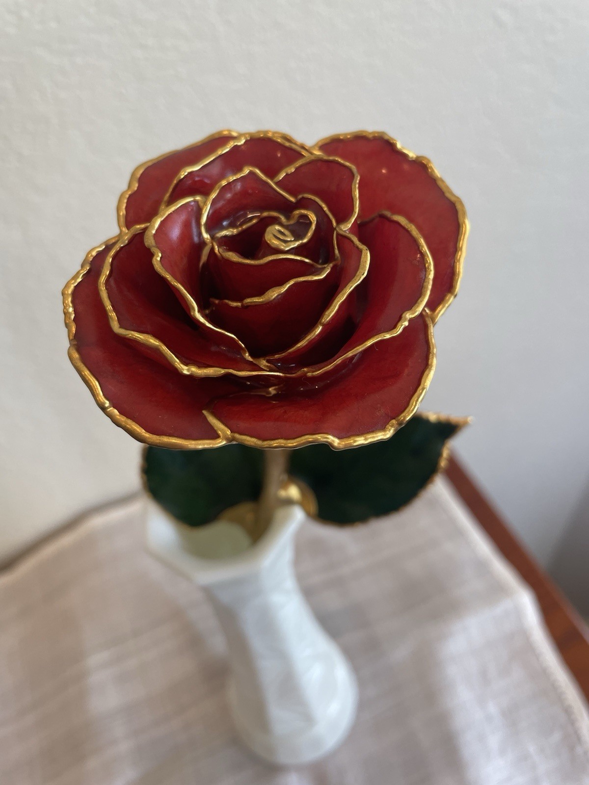 Burgundy Rose Preserved in Lacquer with 24k Gold Plating on Petals and Stem