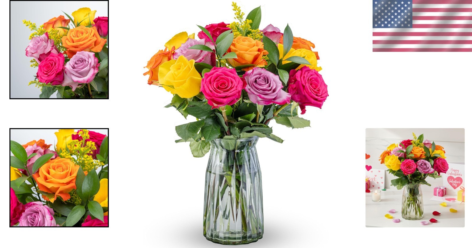 12 Long Stemmed Rainbow Roses with Glass Vase for Birthday Anniversary Gift