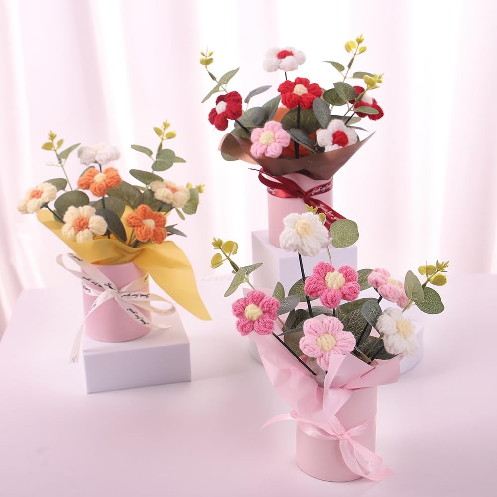 Pink Crochet Flower Bouquet Artificial Knitted Woven Flowers Wedding Home Decor