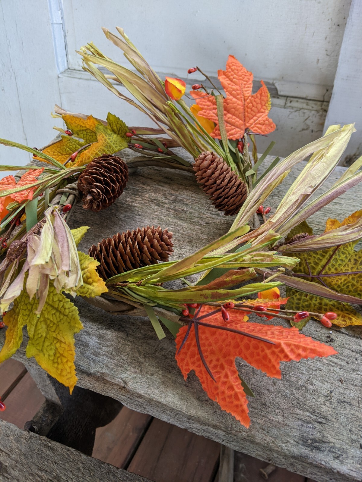FALL MAPLE LEAF CANDLE RING BERRY PINECONE 6″ x 12″ Harvest Autumn Grass NEW
