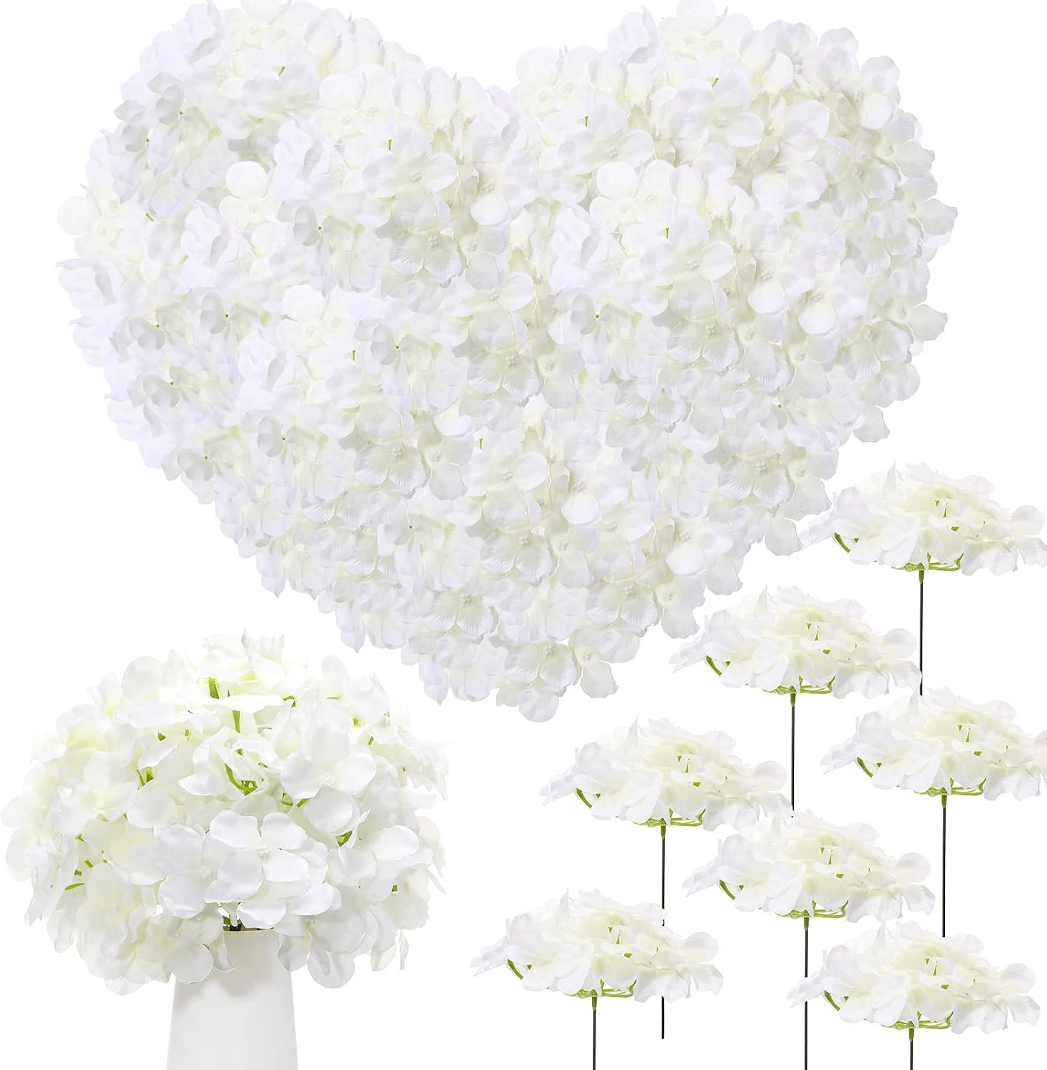 200 Pcs Artificial Hydrangea Flowers Bulk, White Silk Hydrangea Heads with Stems