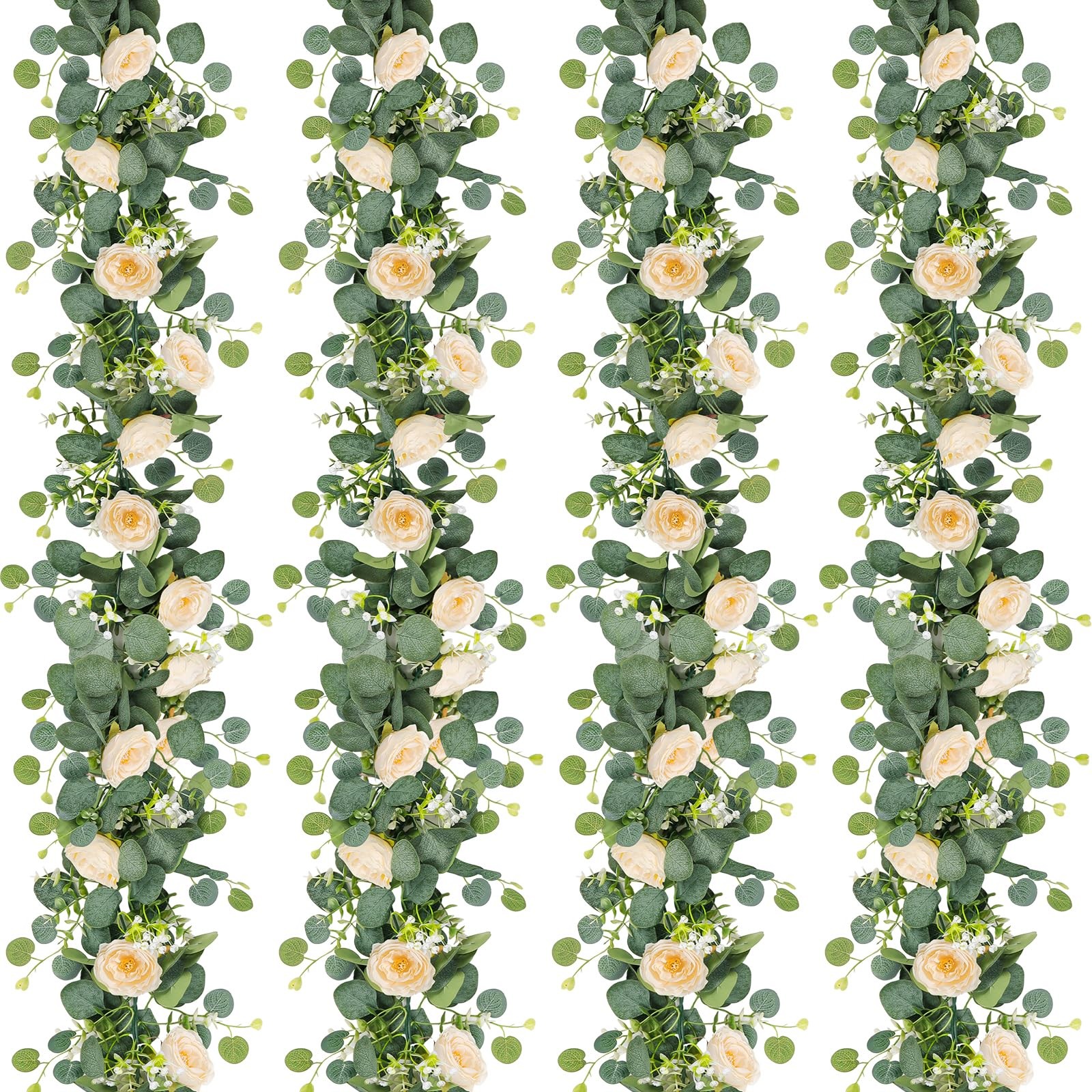 Champagne Rose Flower Garland 24FT Eucalyptus 4 Pack