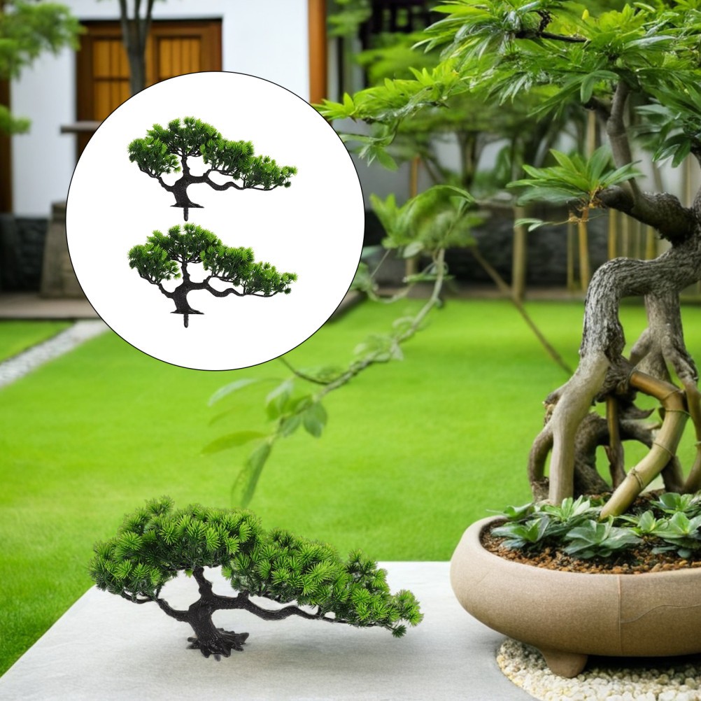 2Pcs Reusable Artificial Green Bonsai Tree Plastic Decor for Zen Garden
