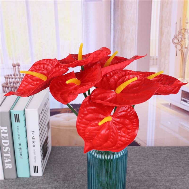 Faux Anthurium Lilies Home Decor Bouquet With Green Leaves Red Fits 27 Inch